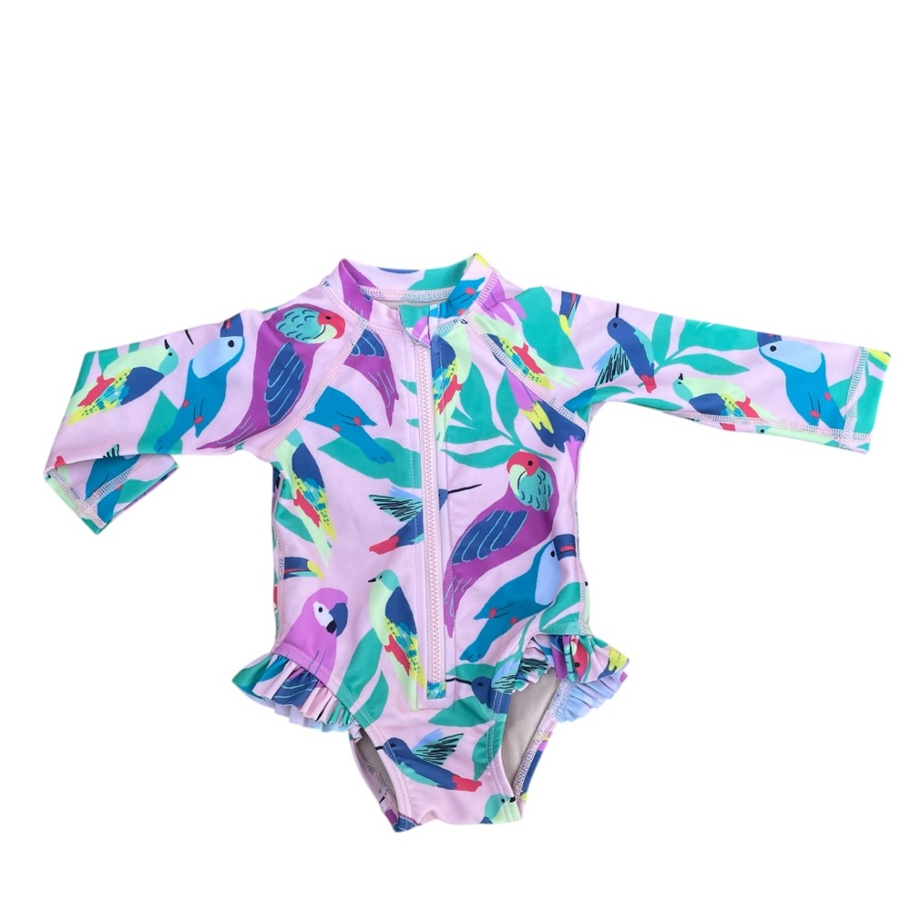 NWOT Tea Rash Guard Baby Swim Ruffle Detail Sz 3-6 months Tropical Bird in Pink